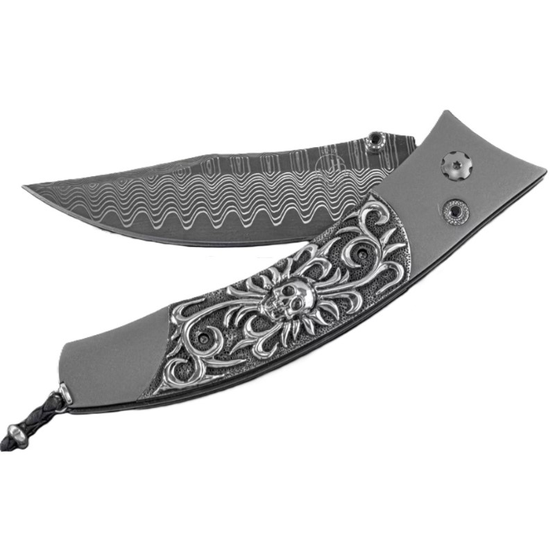 William Henry Limited Edition Skull Candy Titanium Pocketknife with Wave Damascus and Carbon Fiber